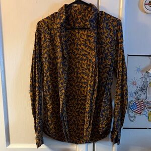 Blue and Orange Cat Patterned Button Down Shirt